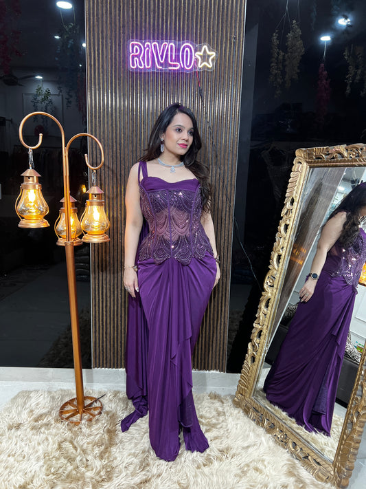 Plum Crystal Drape Saree RC370