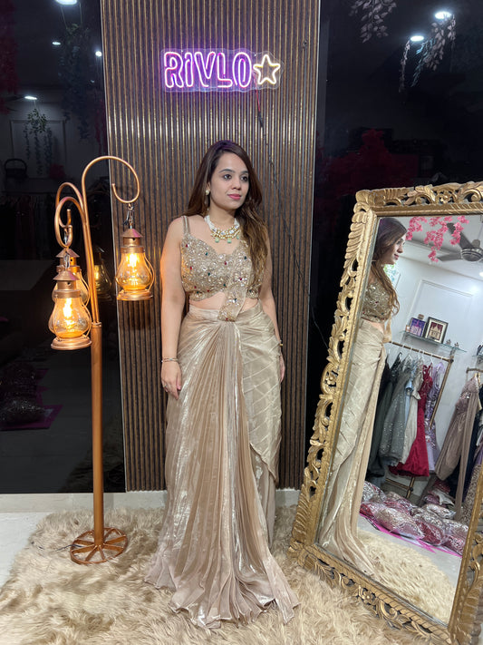 Wine ,Green ,Pink , ROSE GOLD,baby pink & gold Luxe Draped Saree Set RC671