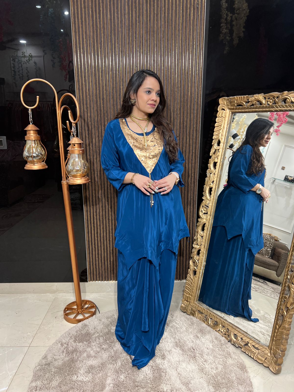 Midnight Black and Blue Draped Kaftan with Sequin Embellishment RC197