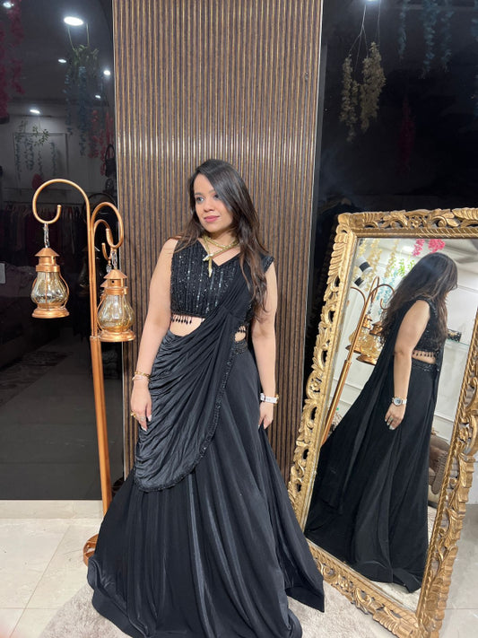 Black Sequin Drape Lehenga Set RC201