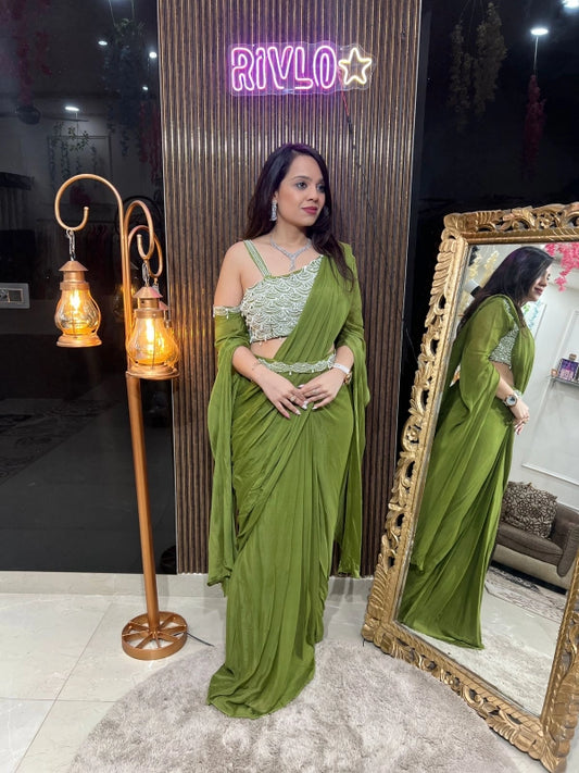 Olive Green Pre-Draped Saree Set with Pearl Embroidered Blouse RC225