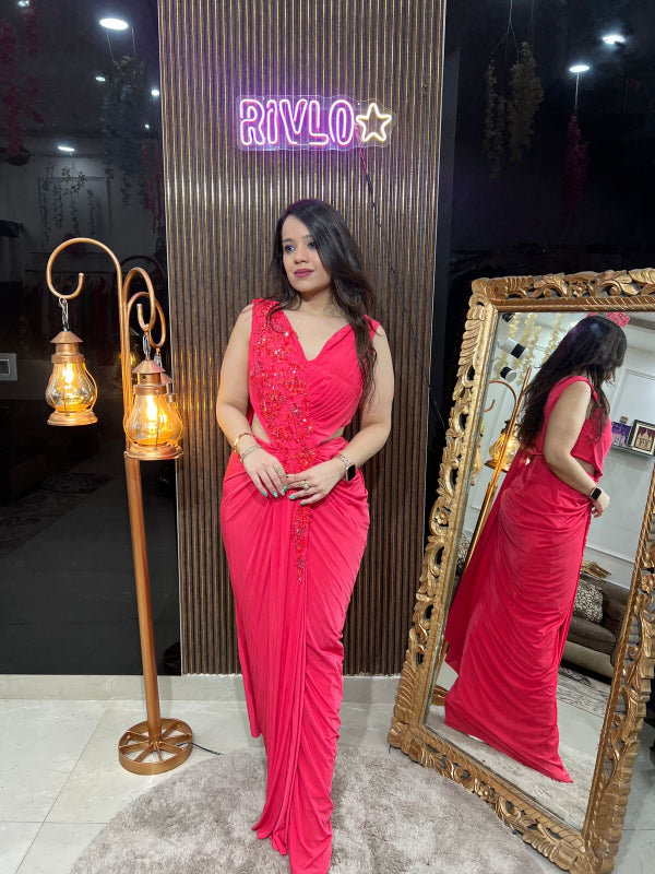 Raspberry Pink Pre-Stitched Saree Gown with Hand Embroidery RC232