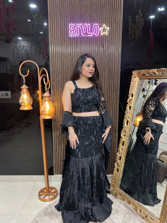 Plum Purple And Black Sequinned Fishcut Lehenga Set RC233