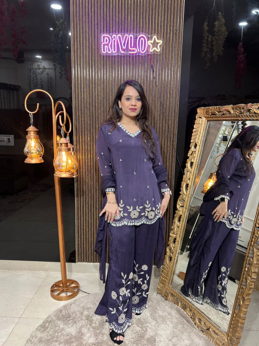 Deep Violet Embroidered Kurta Set with Palazzo Pants RC235