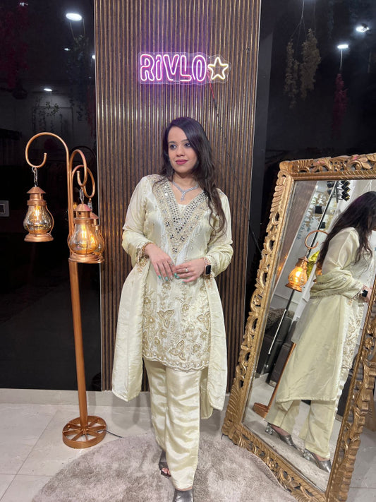 Ivory Gold Embroidered Kurta Set with Straight Pants RC236