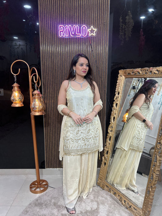 Ivory Gold Sleeveless Sharara Suit Set RC237