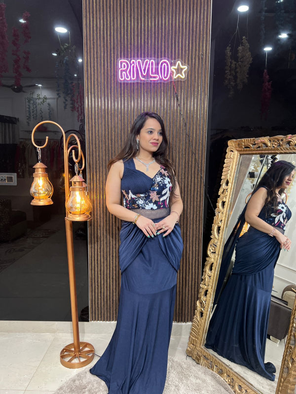 Draped Gown with Floral Embroidered Bodice RC234