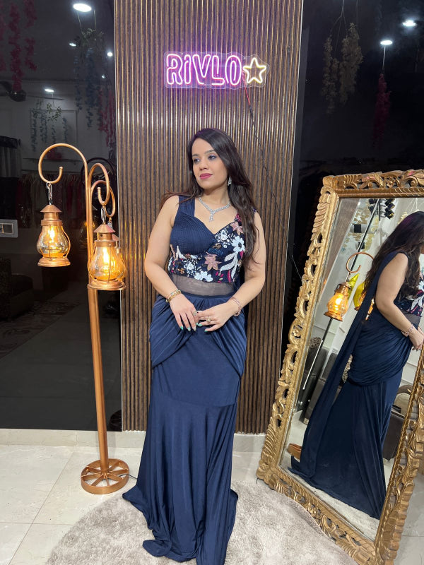 Draped Gown with Floral Embroidered Bodice RC234