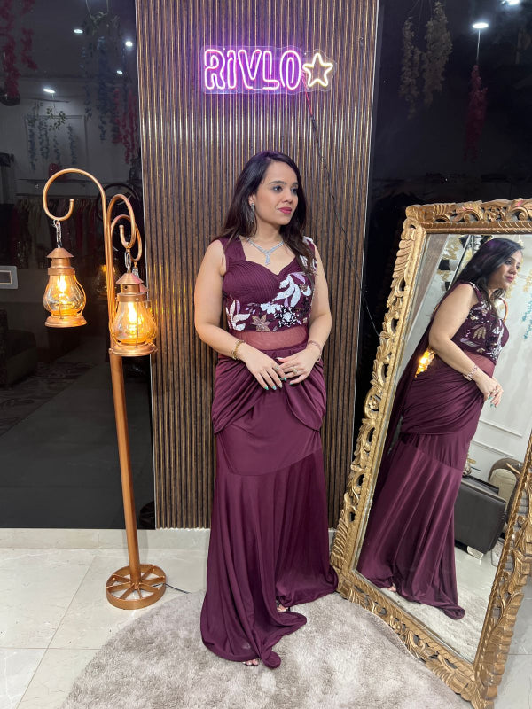 Draped Gown with Floral Embroidered Bodice RC234