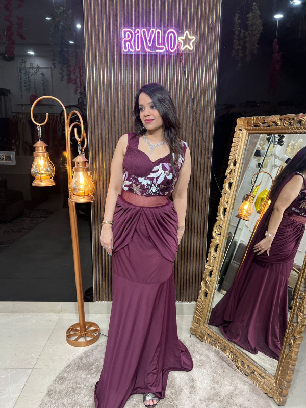Draped Gown with Floral Embroidered Bodice RC234
