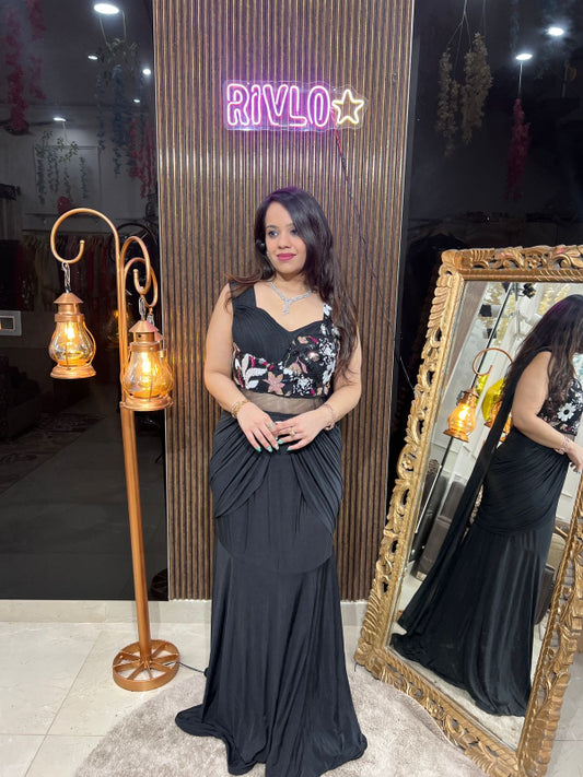 Draped Gown with Floral Embroidered Bodice RC234