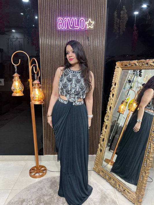 Midnight Glam Drape Skirt Set with Statement Blouse RC248