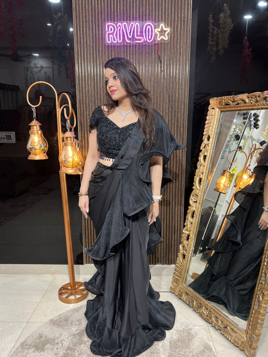 Black Ruffle Ready-to-Wear Saree with Embroidered Blouse RC246