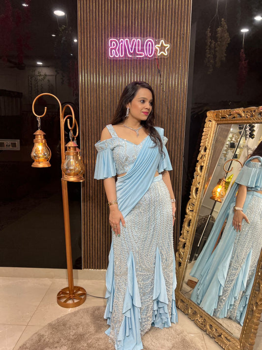 Sky Blue Ruffle Drape Lehenga Set RC242