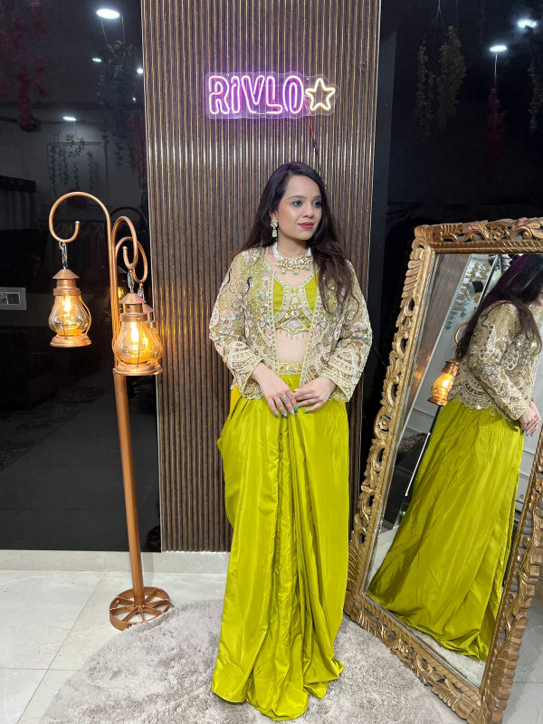 Olive Glam Draped Lehenga with Mirror Work Cape RC251