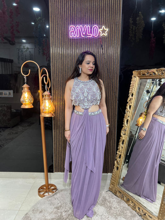 Pearl Drape Skirt Set with Statement Blouse RC249