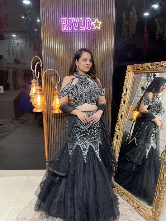 Black Sequined Cold-Shoulder Lehenga Set RC256