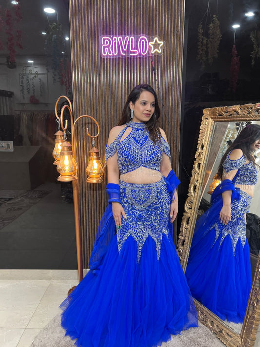 Royal Blue Sequined Cold-Shoulder Lehenga Set RC257