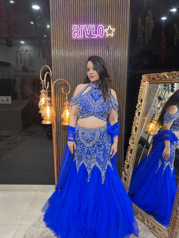 Royal Blue Sequined Cold-Shoulder Lehenga Set RC257
