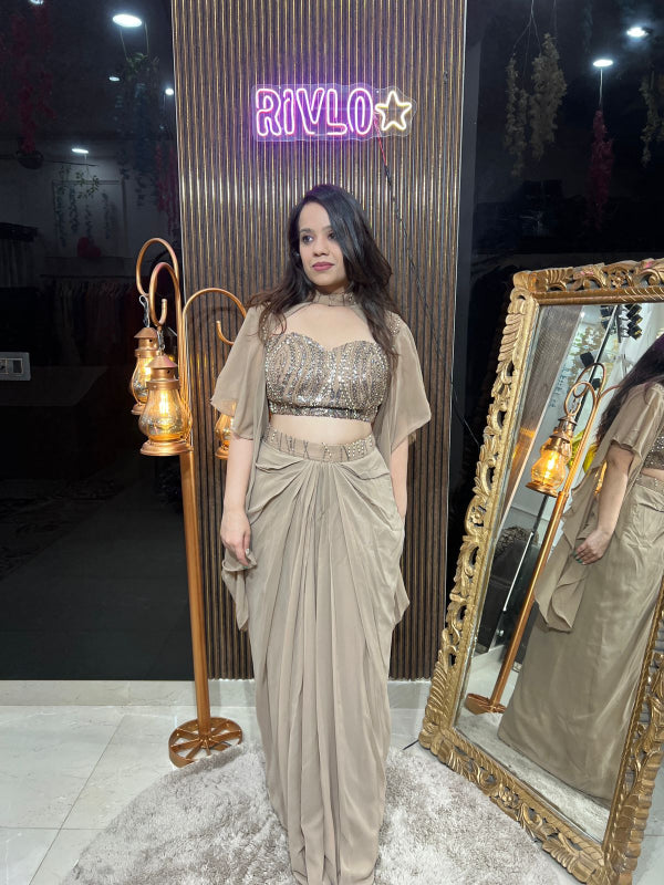 Champagne Gold And Black Pre-Draped Saree with Embellished Blouse RC258