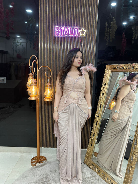 Champagne Feather-Shoulder Pre-Draped Saree RC261