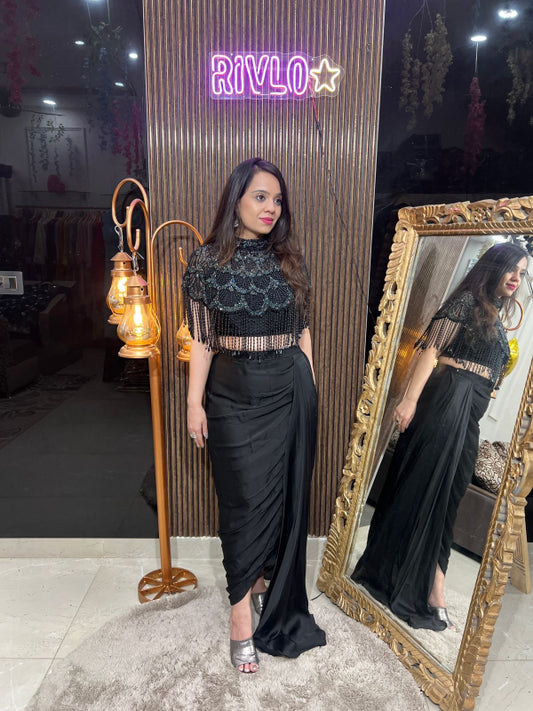 Black Sequin Drape Skirt & Fringe Cape Blouse Set RC278