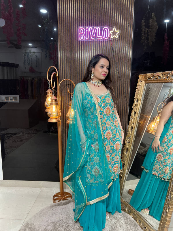 Turquoise Majesty Sharara Suit Set RC273