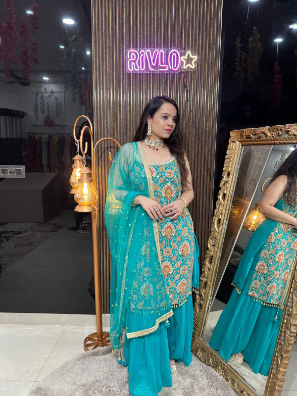 Turquoise Majesty Sharara Suit Set RC273