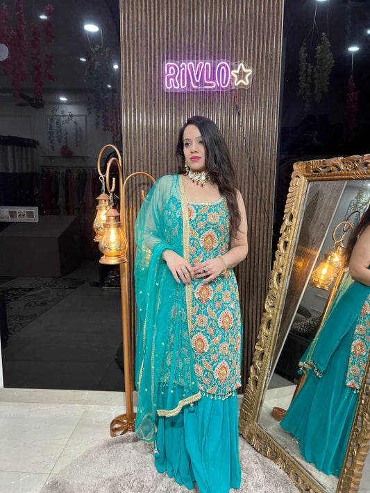 Turquoise Majesty Sharara Suit Set RC273