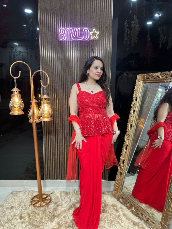 Red Peplum Drape Saree Set RC293