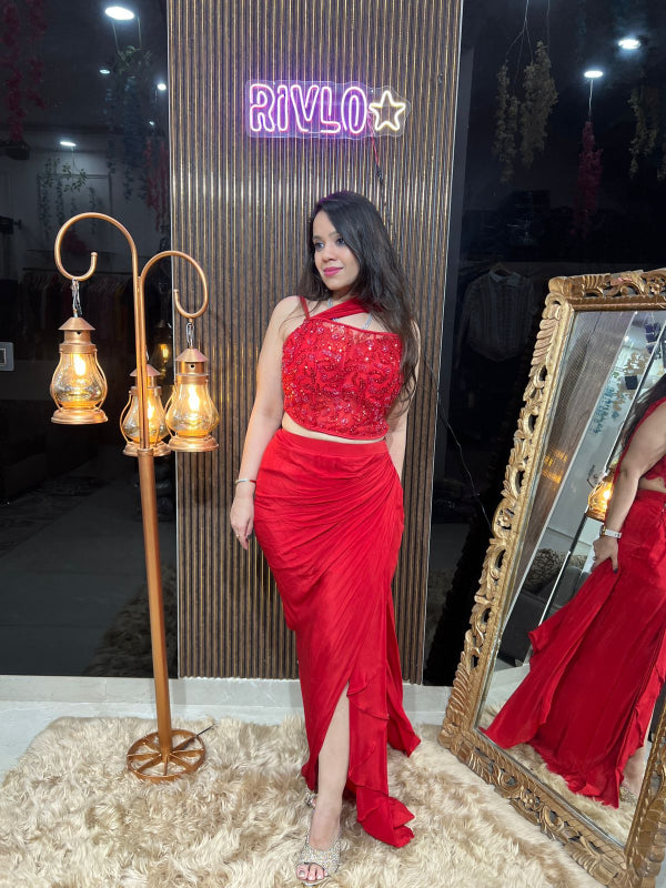 Red Embellished Drape Skirt Set RC292
