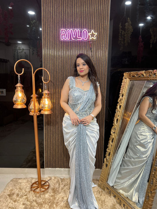 Silver Grey Sequin Draped Saree RC289