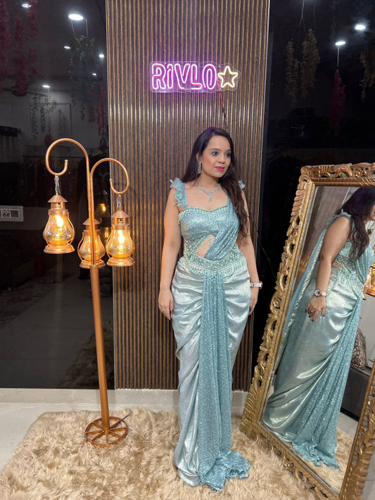 π Ice Blue Sequin Drape Saree Indo π RC285