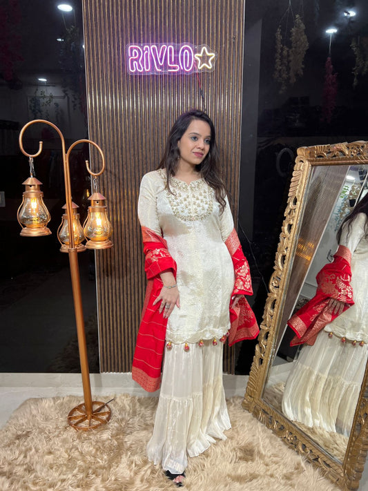 ✨ Elegant White Sharara Set with Red Dupatta ✨RC299
