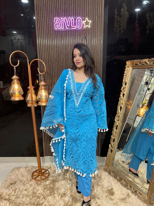 Azure Elegance – Embroidered Chikankari Suit Set RC301
