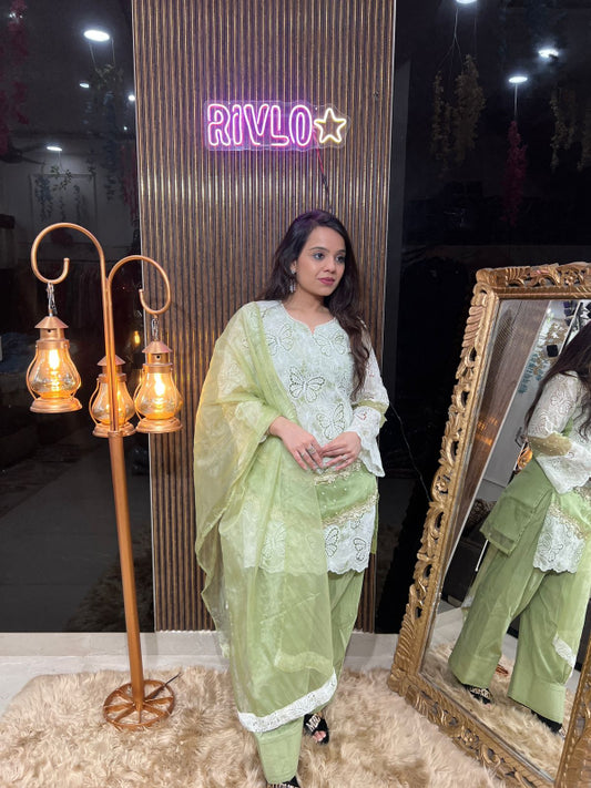 Butterfly Bloom – Mint Green Embroidered Suit Set RC302