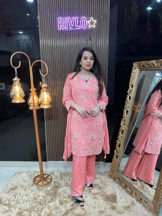 Peach Petal – Floral Embroidered Suit Set RC303