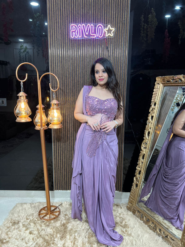 π Lavender Pre-Draped Saree with Embellished Corset Blouse π RC324