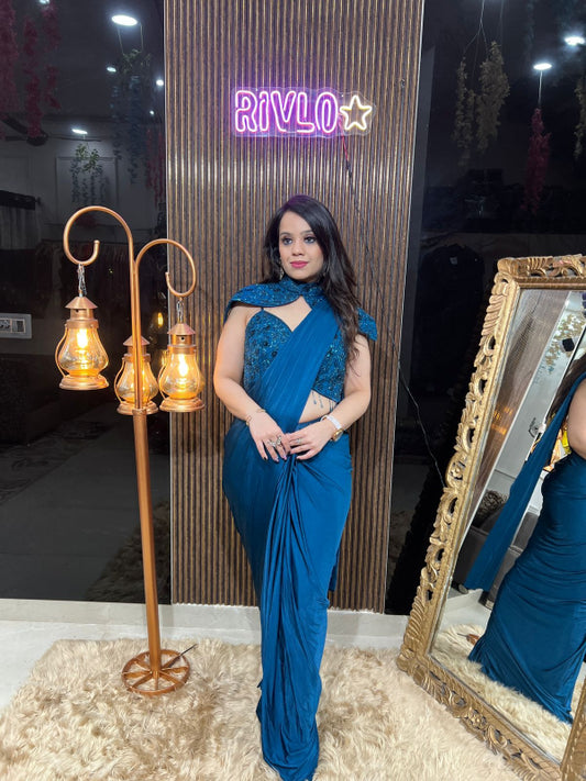 ✨ Blue Pre-Draped Saree with Sequined Cape Blouse ✨✨ P RC326