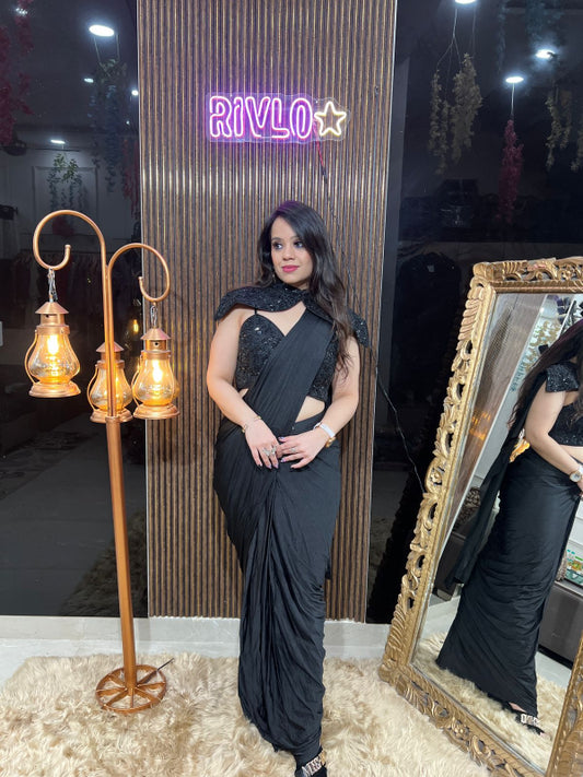 ✨ Black Pre-Draped Saree with Sequined Cape Blouse ✨ RC325