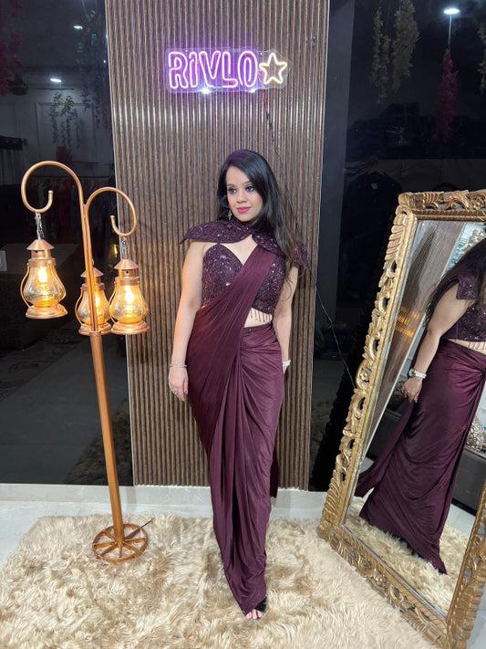 ✨ Wine Pre-Draped Saree with Sequined Cape Blouse ✨ RC327