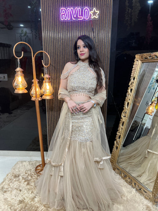 Champagne Gold Embroidered Mermaid Lehenga Set RC331