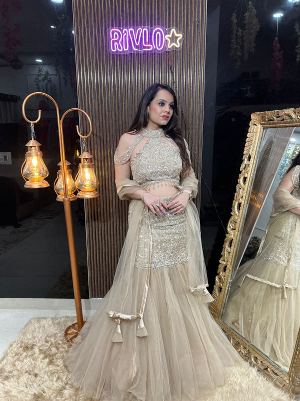 Champagne Gold Embroidered Mermaid Lehenga Set RC331