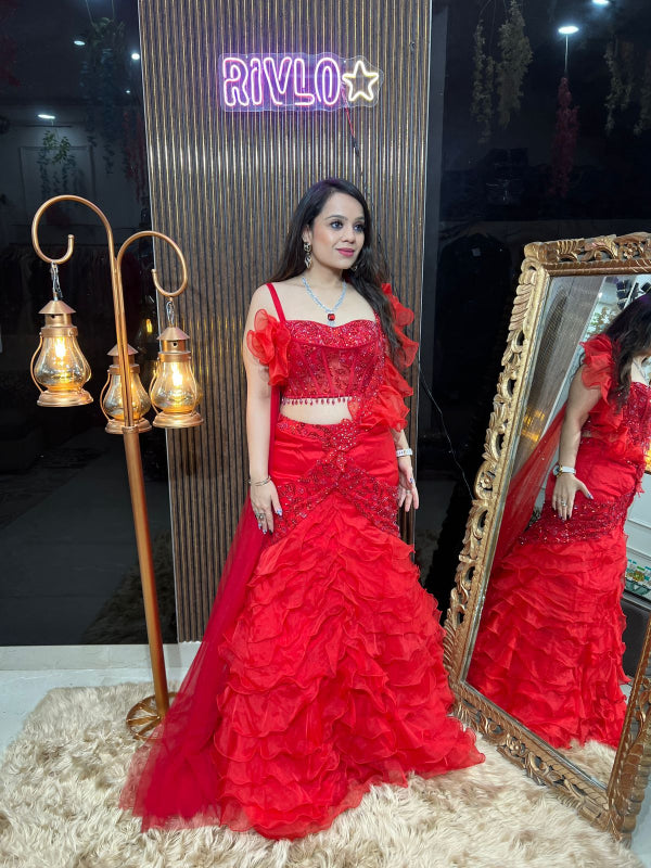 Red Ruffle Corset Lehenga Set RC340