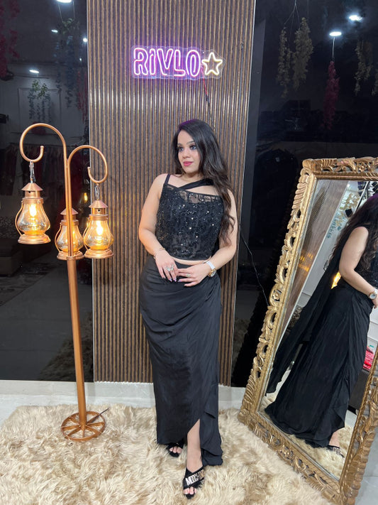 Black Embellished Crop Top with Draped Slit Skirt RC336