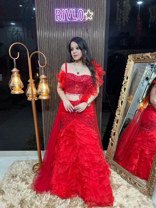 Red Ruffle Corset Lehenga Set RC340