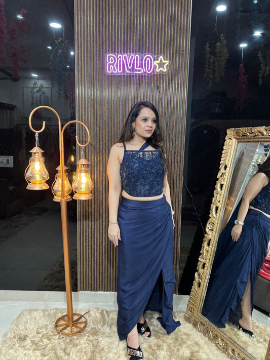 Blue Embellished Crop Top with Draped Slit Skirt RC337