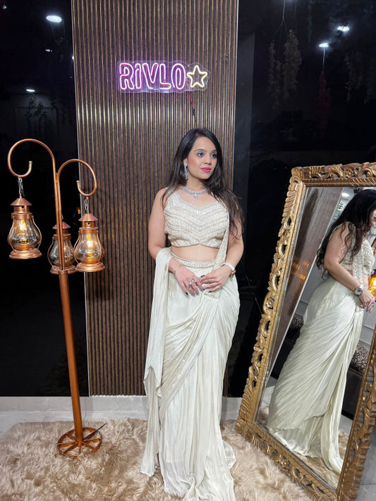 Ivory Draped Saree Set RC362