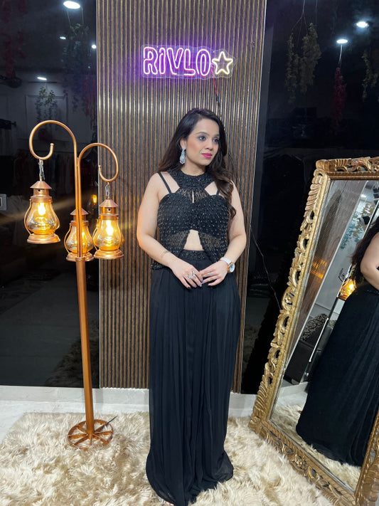 🖤 Black Embellished Pre-Draped Saree 🖤 RC367