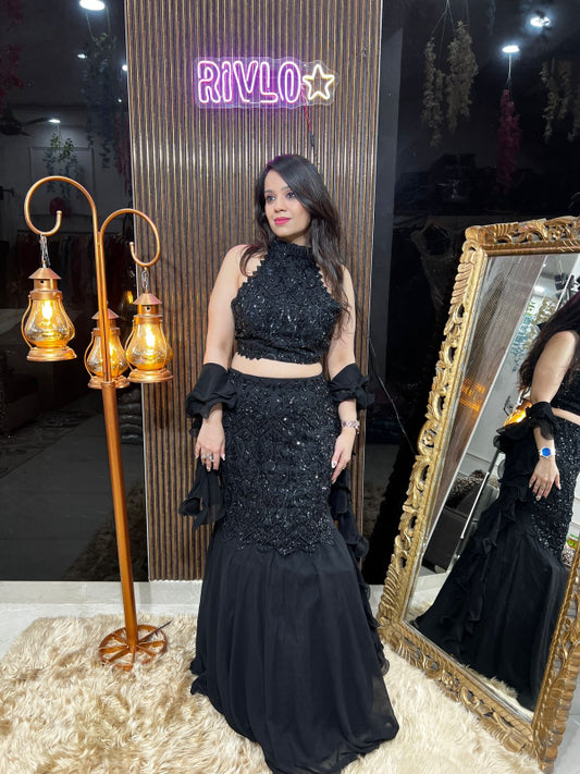 Black Sequin Embellished Mermaid Crop Set RC373